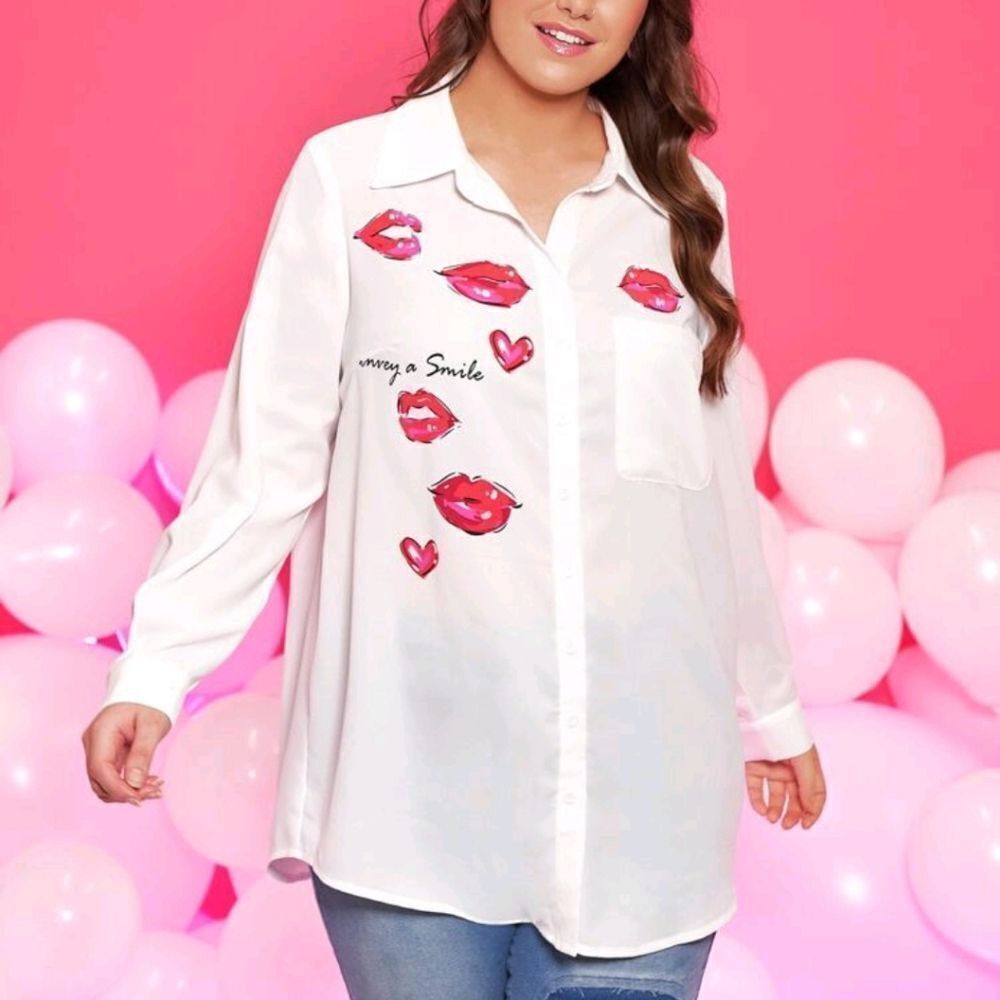 White Button-Up Shirt with Pink Lip Print - Picture 4 of 6